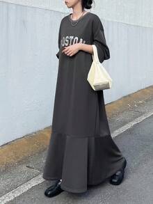 FRIFUL Women's Round Neck Thermal Lined Loose Letter Print Contrast Color Decor Fishtail Hem Long Dress - Grey - View 2