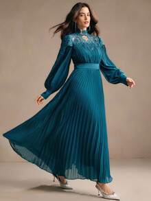 Anewsta 优雅手工串珠花卉拼布褶皱下摆长裙，适合秋季、优雅、别致、派对、圣诞节、新年、婚礼 - 墨綠色 - 查看 4