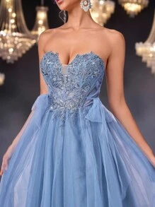 Glamrae 奢华、优雅、高贵、时尚、青春、蓝色、飘逸、网眼、露肩、罩杯设计、贴花、深V领、大喇叭裙、系带、适合单身派对、婚礼嘉宾、音乐节、度假、正式晚会、晚礼服