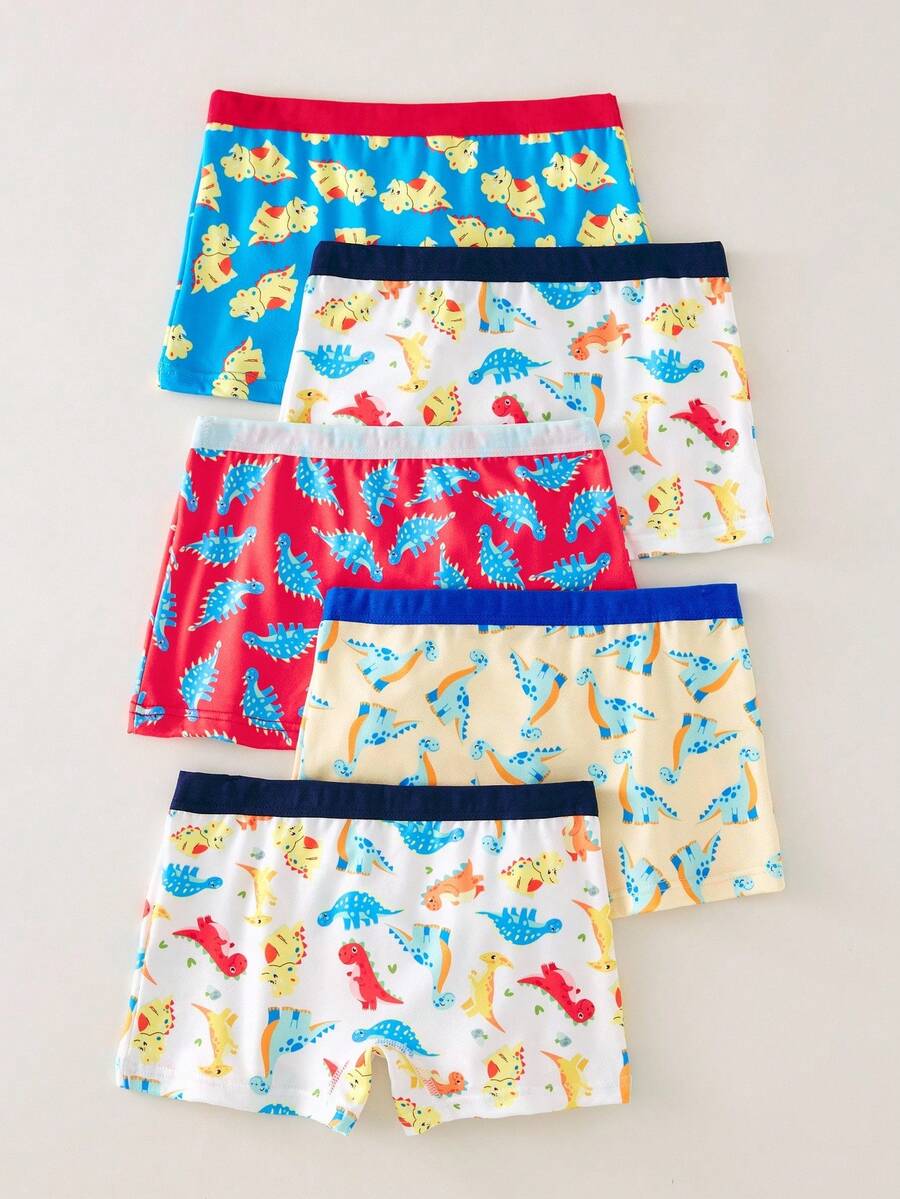 5pcs/Pack Boys' Toddler Dinosaur Series Elastic Waist Soft Comfortable Basic Breathable Boxer Briefs Boys Dinosaur Underwear Boys Underwear Fall Winter - Multicolor - View 1