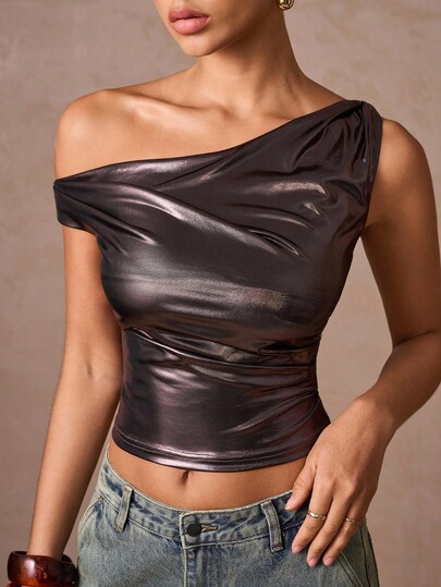 Lumalex Áo croptop ôm sát cơ thể bất đối xứng, xoắn nhún, chất liệu kim loại bóng, thích hợp cho mùa đông thu, dành cho nữ. Áo hở vai, áo một tay, áo kiểu hở vai, áo kim loại, áo da, áo sang trọng, thích hợp cho dạ hội, tiệc tùng, liên hoan, lễ hội, đi chơi, du lịch, hoạt động ngoài trời, tiệc cưới, tiệc tùng, Halloween, tiệc Al-Adha, tiệc năm mới, món đồ không thể thiếu, hoàn hảo cho những ngày giá lạnh.