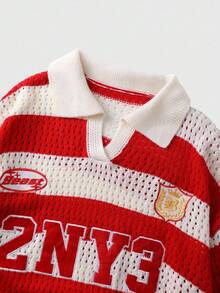 ROMWE MEN Prep 男士条纹字母刺绣宽松镂空针织衫，秋冬款，长袖上衣 - 紅色 - 查看 4