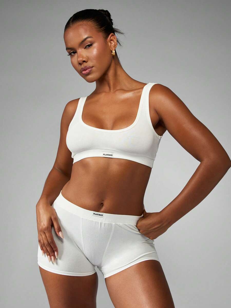 Missguided x Playboy Women Scoop Neck Cotton Bralette High Support Crop Top With Wide Shoulder Straps Elastic Band High Impact Control Underwear Essential Base Layer Inner Wear - White - View 1