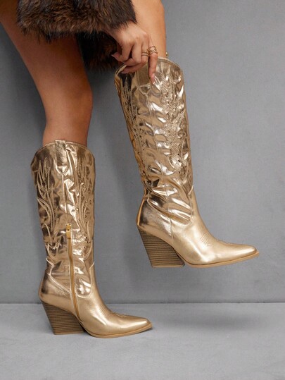 CUCCOO SZL Botas de moda de estilo occidental con puntera puntiaguda, diseño de cremallera lateral brillante y tacón alto para mujer Cuccoo