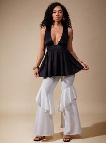 Vixey Áo peplum không tay cổ khoét sâu bằng vải satin trơn có cạp chun - Đỏ - Xem 1