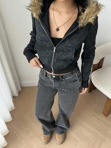 SHEIN EZwear 女士休闲蓬松连帽长袖运动衫 - 黑色 - 查看 7