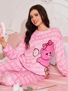 Conjunto de pijama de franela con estampado de oso lindo para mujer - Multicolor - Ver 6