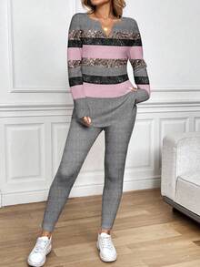 SHEIN LUNE 2 件套女士撞色闪光条纹长袖 T 恤和紧身打底裤，适合秋冬季，秋季 2 件套休闲套装女士秋季服装