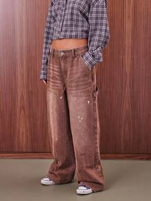 COUREZ Baggy Fit Carpenter Jeans In Dirty Brown Wash /Y2K Going Out Outfits  Women Clothes  Clothes Low Rise Jeans Spring Clothes Back To School - Brown - View 4