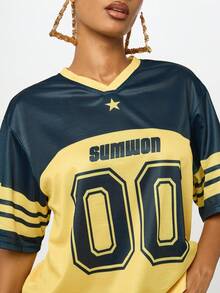 SUMWON WOMEN Varsity Jersey College Style Sporty Cheerleader Top Nostalgic Y2K Fashion Oversized Relaxed Number Print School Spirit Aesthetic Bold Casual Streetwear Prep School Retro Vibe Team Look - Yellow - View 4