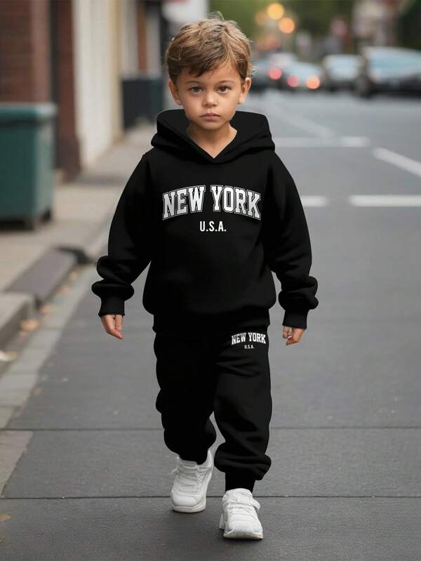 SHEIN 2pcs/Set Oversized Casual USA, New York, NY, Young Boys Print Hoodies And Pants Set, Suitable For Autumn And Winter