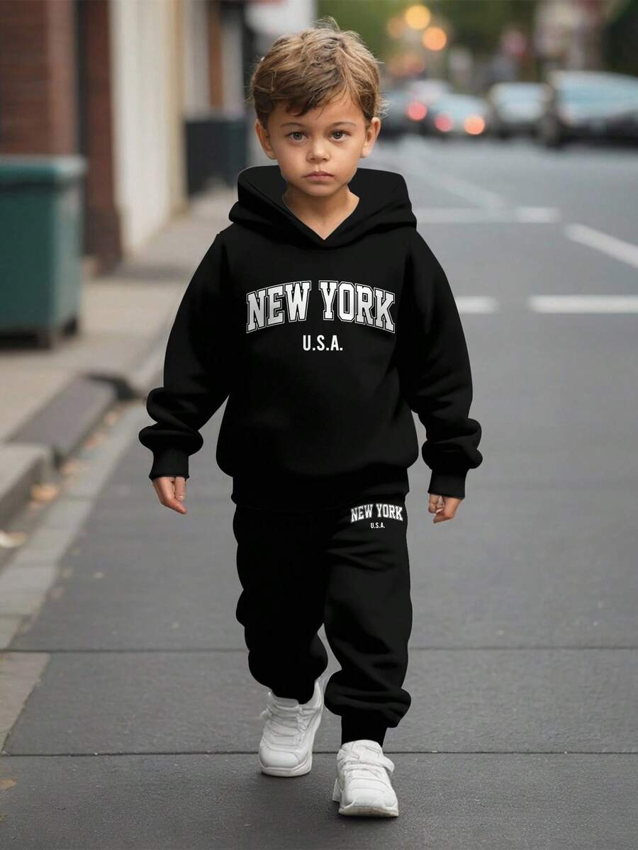 SHEIN 2pcs/Set Oversized Casual USA, New York, NY, Young Boys Print Hoodies And Pants Set, Suitable For Autumn And Winter