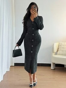 Rafferiza Vestido negro elegante de oficina con botones frontales para mujer - Negro - Ver 6