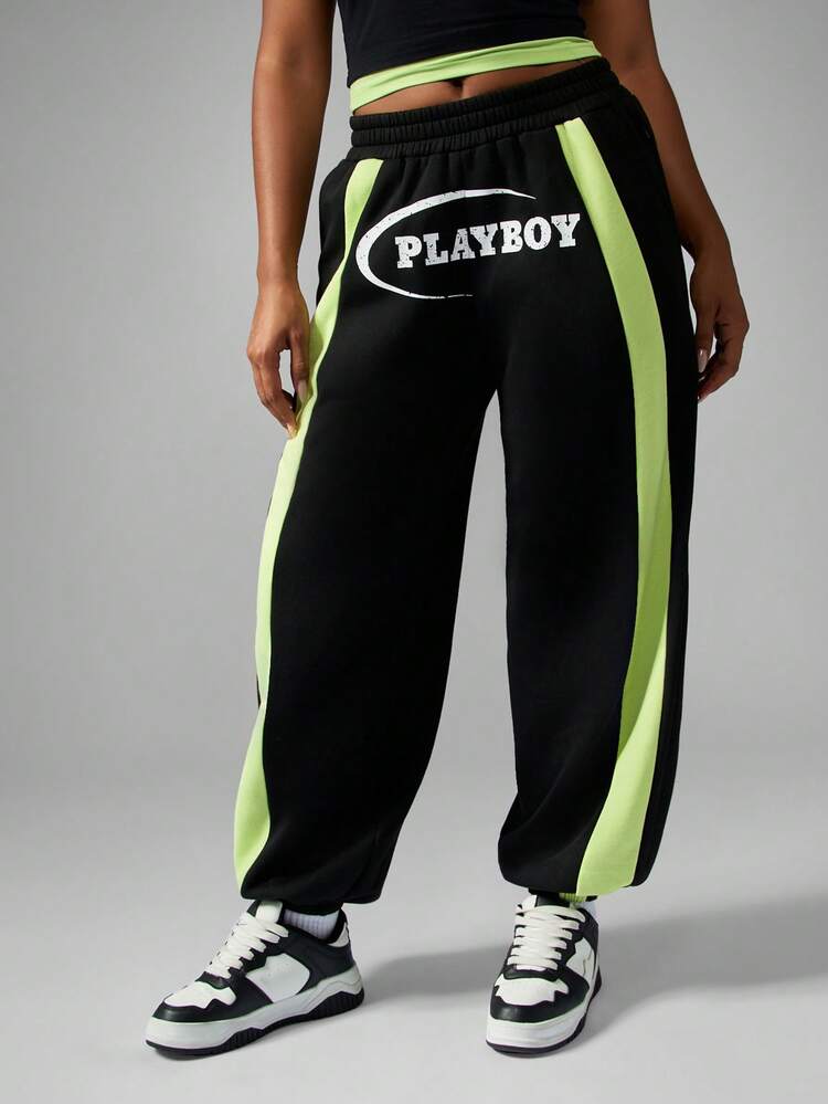 Missguided x Playboy Pantalon de jogging ample style Y2K avec rayures latérales fluo, taille haute, mode de rue décontractée, streetwear ample et lâche, mode automne-hiver