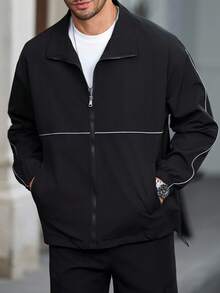 Manfinity Homme Men's Zip Front Loose Casual Jacket, Men Zip Up Jacket, Reflective Jacket, Men Jackets Streetwear - Black - View 5