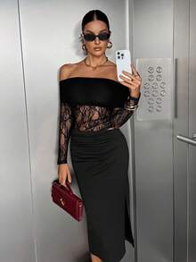 Siren Gaze 女士优雅性感蕾丝拼布露肩中长连衣裙 - 黑色 - 查看 4