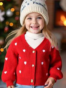 SHEIN V领宽松落肩开衫，带心形刺绣，适合秋冬季 - 紅色 - 查看 10