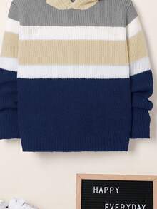 SHEIN Tween Boy Oversized Striped Hooded Pullover Sweater, In Fall/Winter - Navy Blue - View 5