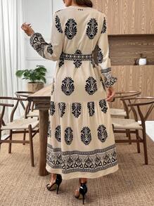 EMERY ROSE Đầm Maxi Tay Dài Cổ Chữ V Dáng Ôm, Thanh Lịch, Rộng Rãi, Họa Tiết Hoa Cho Nữ - Màu Khaki - Xem 2