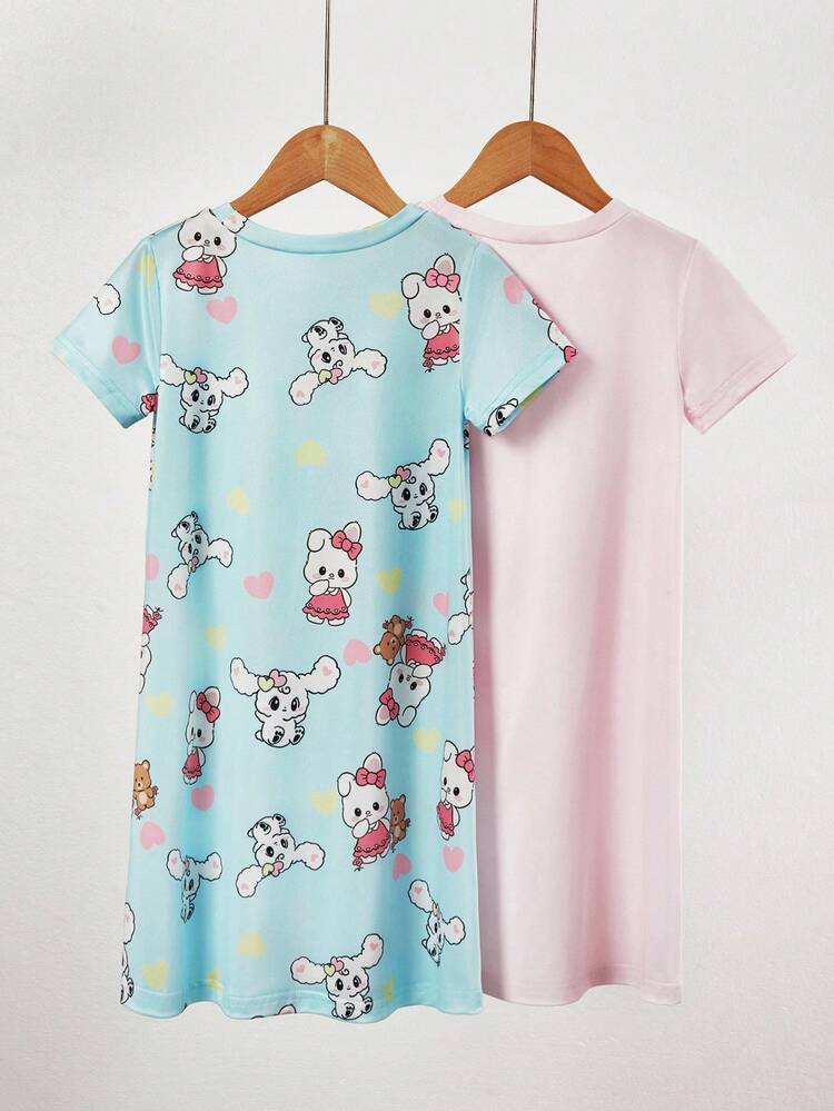 2pcs/Set Young Girl Casual Short Sleeve Pink Dress, Soft & Comfortable, Versatile For Home Or Outdoor Wear, Summer Girls Pajamas Dress Cute Sleepwear Girls Sleepwear Kawaii Clothes For Kids Bunny Pajamas Girls - Multicolor - View 2
