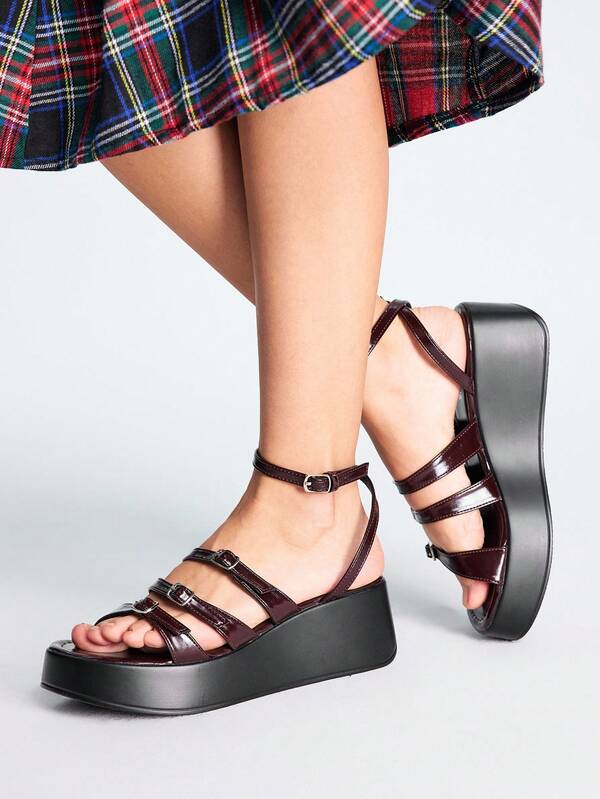 Sugerpunk Women's Fashion Platform Black Thick Sole Burgundy Strap Metal Buckle Street Party Sandals