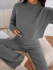 EURMUSE Women's Casual Daily Simple Solid Color High Neck Loose Sweater And Flared Sweater Pants 2 Pieces Set, Autumn/Winter - Light Grey - View 2