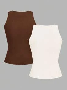 SHEIN EZwear 2 件套女士休闲性感短款紧身圆领吊带背心，适合夏季 - 彩色 - 查看 2