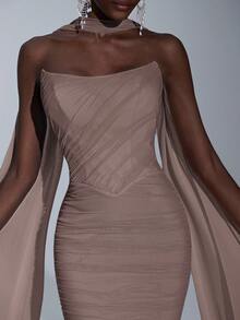 Elitara Elegant Luxurious Light Blue Elastic Mesh Boat Neck Full Ruffle Sequin Bridesmaid Dress