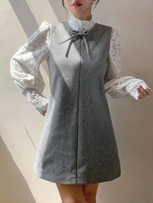 DAZY 女士宽松休闲甜美蝴蝶结装饰无袖连衣裙，秋冬季短款连衣裙 - 灰色 - 查看 6