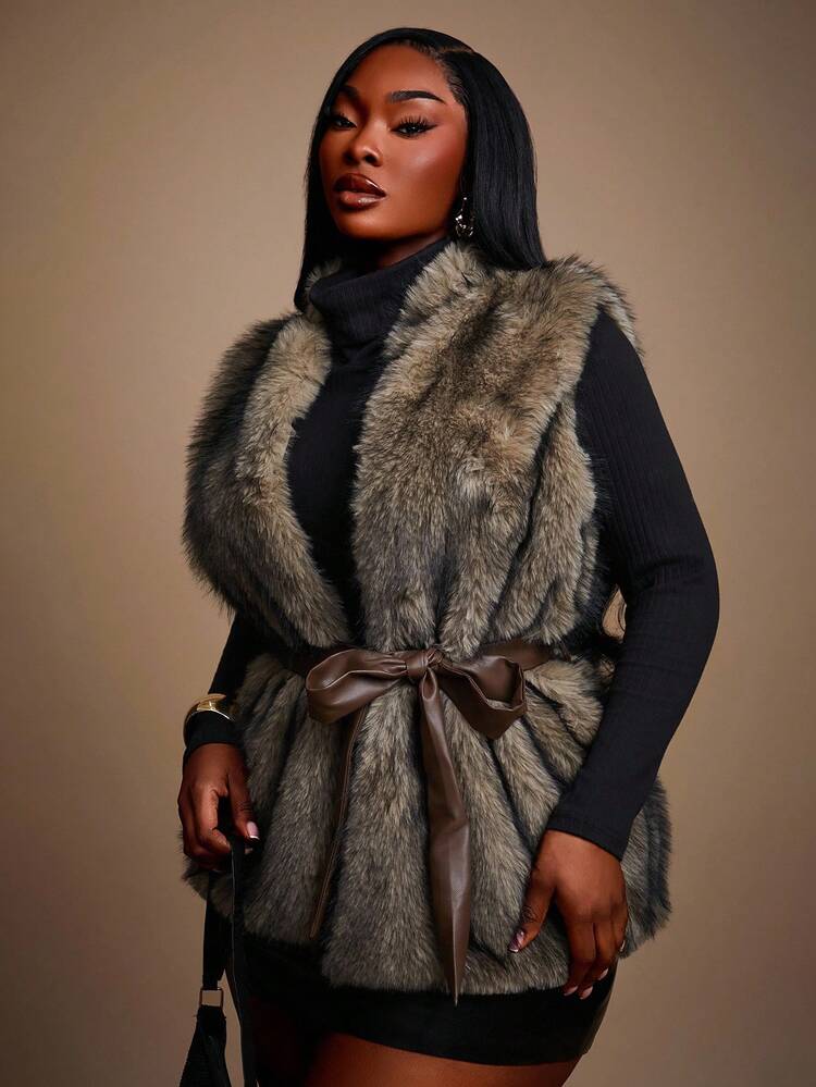 Radiana 大码女式无袖腰部收紧人造毛皮夹克，适合性感办公室风骚、舞会、舞会、情人节、邮轮装束、通勤、商务、复古、派对、度假、郊游、老钱、丰富层次、约会之夜、聚会、极简主义、生日、正式活动、辣妹、伊比沙岛、纳什维尔、假期、端庄、别致、休闲、购物、街头服饰、外出、凸显您的身材，在秋冬季展现迷人身材 - 灰色 - 查看 3