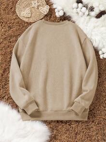 INAWLY Áo nỉ dài tay cổ tròn thêu hình nhện dáng rộng thoải mái cho nữ, mùa thu/đông - Màu be - Xem 2