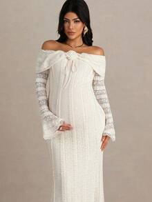 MaterniChic Autumn And Winter Maternity Off-Shoulder Long Sleeve Flare Sleeve Lace Patchwork Fitted Dress Maternity Photoshoot Dress Maternity White Lace Dress Pregnancy Dress White Maternity Gown Off Shoulder Maternity Dress - Apricot - View 5