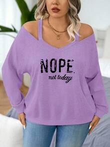 EMERY ROSE V-Neck Exposed Shoulder Graphic Print Long Sleeve Elegant Minimalist Sweatshirt Fall Cloth For Women Winter Autumn - Purple - View 5