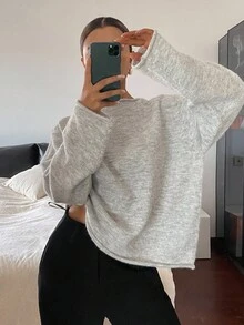 DAZY 女式纯色船领落肩休闲针织套头衫秋冬 - 灰色 - 查看 4