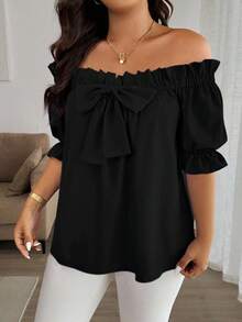 Easura 大码女式可变换露肩衬衫，优雅上班，蝴蝶结装饰，露肩上衣 - 黑色 - 查看 4