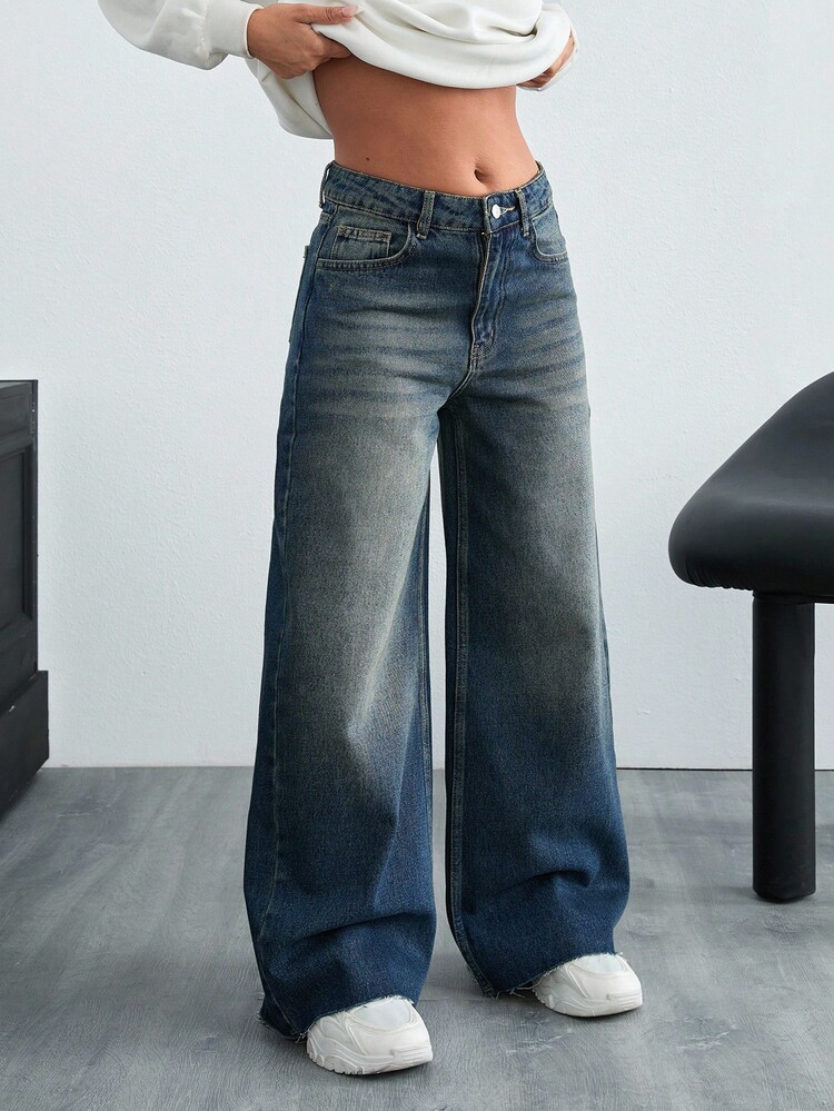 EURMUSE 高腰阔腿休闲牛仔裤 - 中等水洗藍 - 查看 6