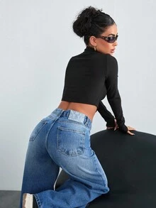 EURMUSE HIGH WAIST WIDE LEG CASUAL STYLE DENIM - Medium Wash - View 1