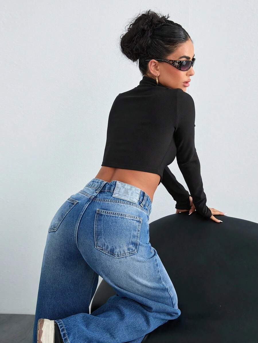 EURMUSE HIGH WAIST WIDE LEG CASUAL STYLE DENIM - Medium Wash - View 1