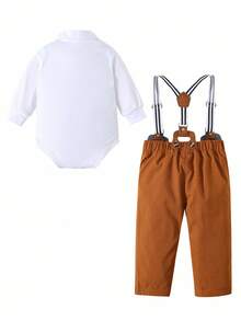SHEIN Bộ trang phục quý ông 3 món cho bé trai mới biết đi, áo liền quần dài tay màu trắng và quần kaki có dây đeo, thoải mái, đa năng, cổ điển, thời trang, dễ thương, phong cách Anh, thích hợp cho trong nhà, ngoài trời, hàng ngày, thể thao, vui chơi, tiệc tùng, chụp ảnh, kỳ nghỉ, ngày lễ, đám cưới, tiệc chào đón em bé, lễ rửa tội và sinh nhật lần thứ 1 - Nhiều màu - Xem 10