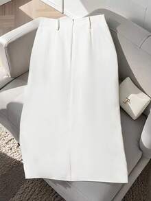 GlowEve 女士休闲单排扣口袋直筒裙，百搭 - 白色 - 查看 2
