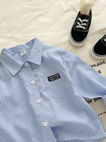 Genkimix Kids 女童长袖蓝白条纹字母印花宽松休闲衬衫，适合所有季节 - 藍色 - 查看 6