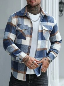 Manfinity Homme Men's Plaid Long Sleeve Single-Breasted Casual Utility Pocket Jacket, Autumn/Winter Flannels For Men, Perfect Holiday Gift For Boyfriend & Husband