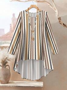 Lacomfia 女式复古棕色条纹数码印花图案休闲宽松圆领上衣和裤子两件套 - 彩色 - 查看 4