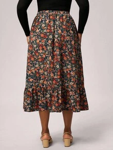 SHEIN Tall CURVE Plus Size Women Floral Ruffle Hem Skirt, Western Wear Women, Boho, Hippie, Cowgirl - Multicolor - View 2