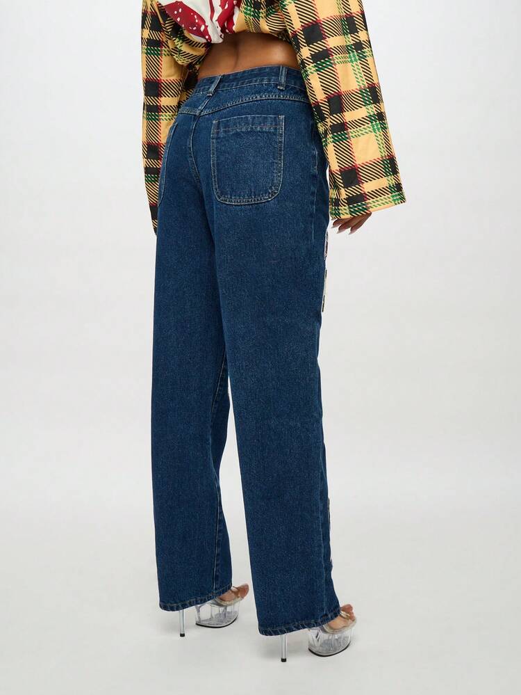 SUMWON WOMEN Wide Leg Denim Jeans With Patch Badges And Letter Details