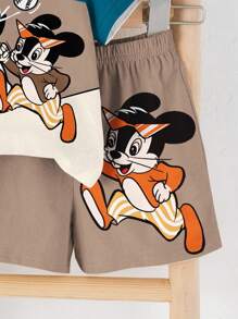 SHEIN 2 件套男童休闲卡通图案圆领短袖 T 恤和短裤套装，适合夏季 - 彩色 - 查看 4