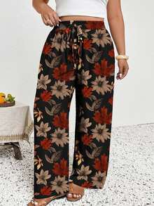 SHEIN Frenchy 大码女装，新款春夏商务休闲女装，沙滩装，情人节时尚，时尚通勤，优雅复古秋叶图案阔腿裤带口袋 - 彩色 - 查看 6