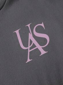 SHEIN Girlism 青少年女孩休闲心形印花针织纯色宽松落肩长袖运动衫和阔腿运动裤套装 - 灰色 - 查看 12