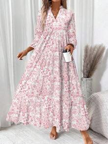 SHEIN LUNE Váy dài tay cổ chữ V họa tiết hoa màu nước dành cho nữ, phù hợp cho mùa hè - Nhiều màu - Xem 3