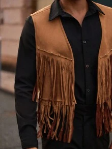 Manfinity VCAY Men's Suede Jacket With Rivet Decor And Tassel Fringe Jacket Brown Bohemian Western Vest For Men , Fall Winter - Brown - View 8